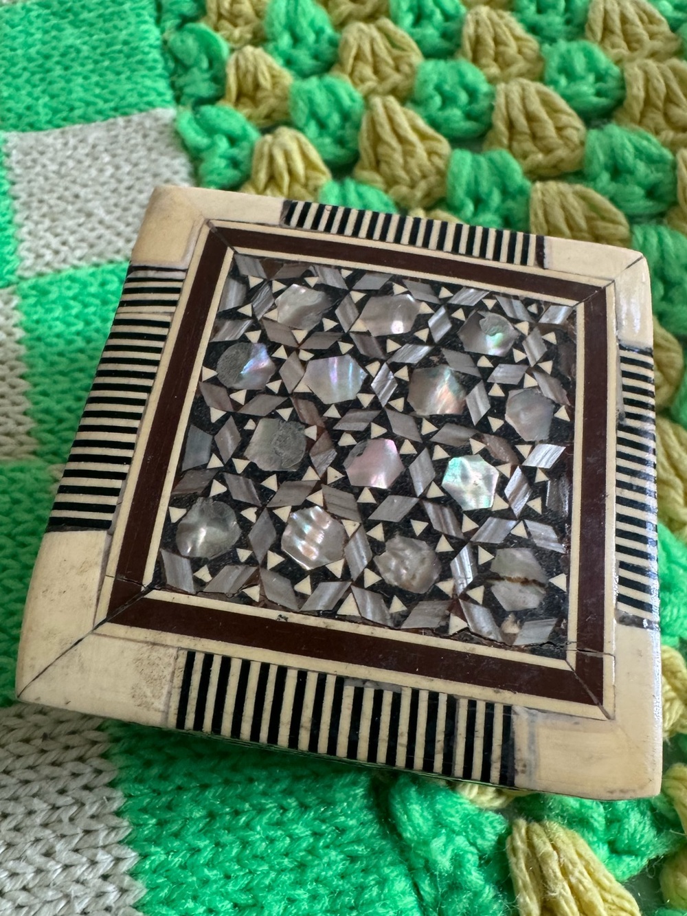 Vintage Wood and bone Trinket Box with Mother of Pearl Inlay